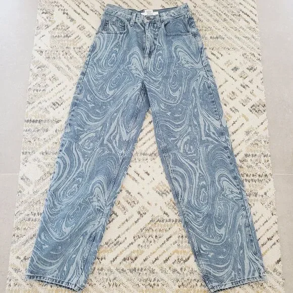 Urban Outfitters BDG Blue Laser Swirl Print Bow Jean Boyfriend Wide Leg SZ 27x32 - Picture 3 of 15